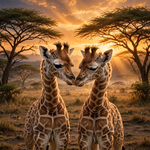 Two baby giraffes nuzzling each other at golden sunrise on the savanna, friendship WhatsApp DP