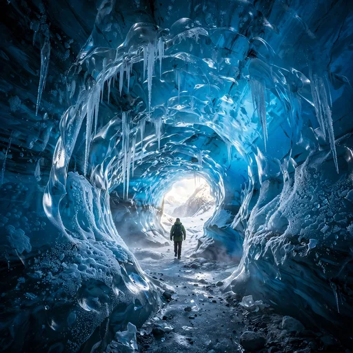 Figure walking through a blue glacier ice cave toward bright daylight, motivational DP