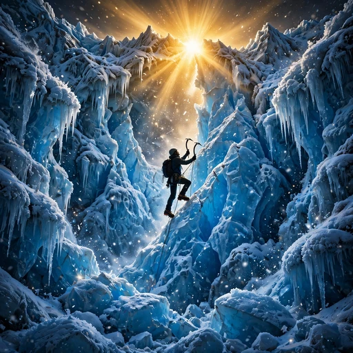 Ice climber ascending a blue glacier icefall under a golden sunburst at dawn, square motivational profile picture