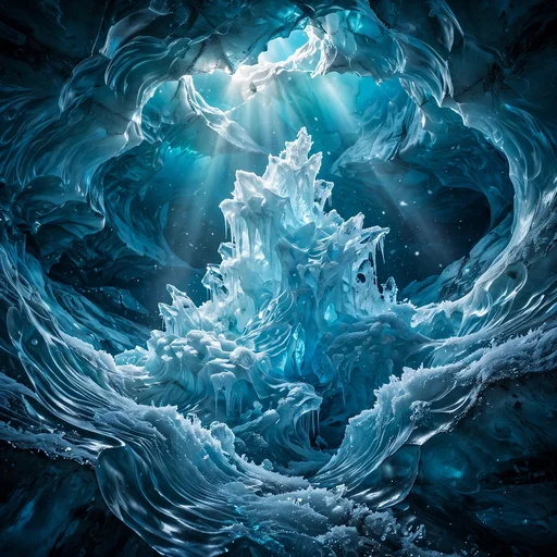 Glowing blue glacier ice cave with crystal ice spire and turquoise light, nature profile picture