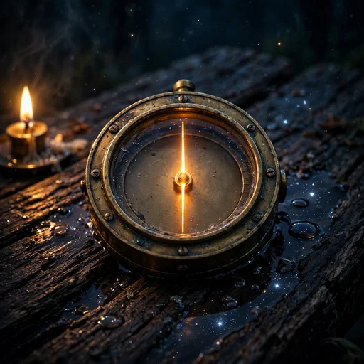 Vintage brass compass with glowing needle on dark wood at night, motivational DP