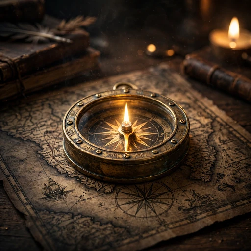 glowing antique compass on vintage map