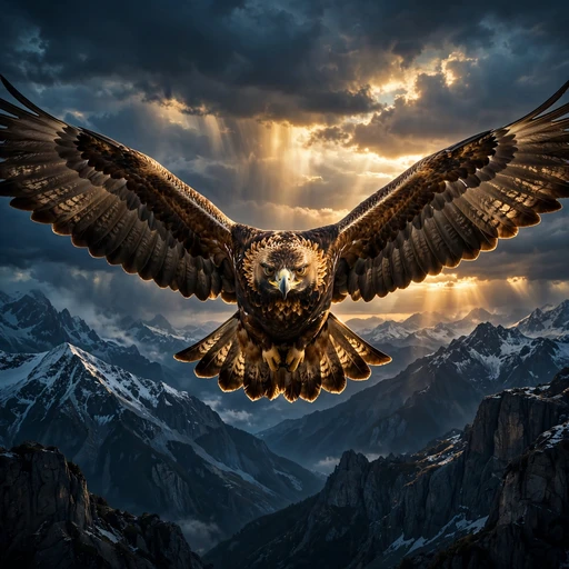 Golden eagle soaring over snow-capped mountains