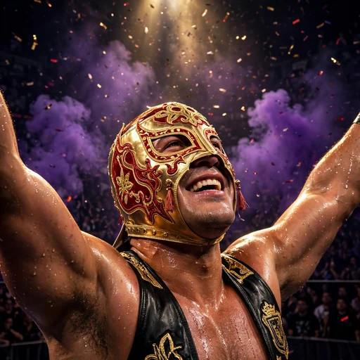 fictional adult luchador man in ornate gold mask under arena spotlight with purple smoke attitude dp