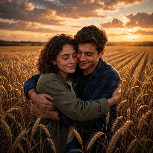 Embrace in the Golden Wheat at Dusk