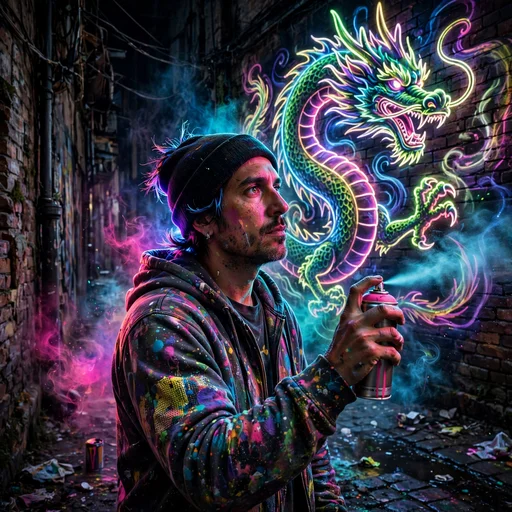 Graffiti artist spray-painting a glowing neon dragon mural at night, boys WhatsApp DP