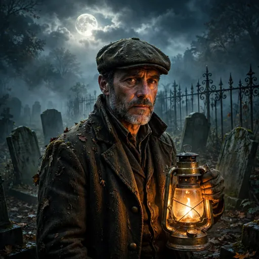 Graveyard groundskeeper with a glowing lantern among tombstones in misty moonlight, square boys DP