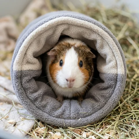A tricolor guinea pig peeks from a soft fabric tunnel