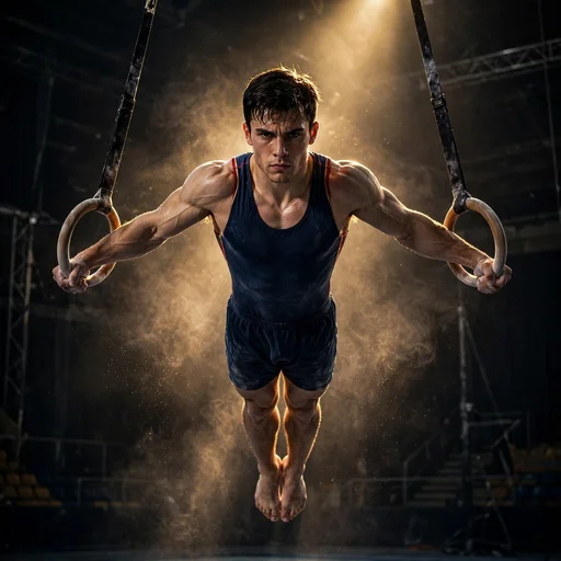 Gymnast holding an iron cross on still rings in a backlit arena, motivational DP