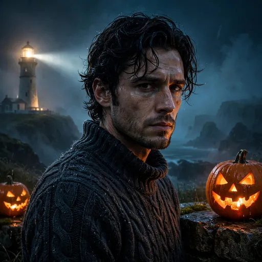 brooding lighthouse keeper with glowing pumpkins at night