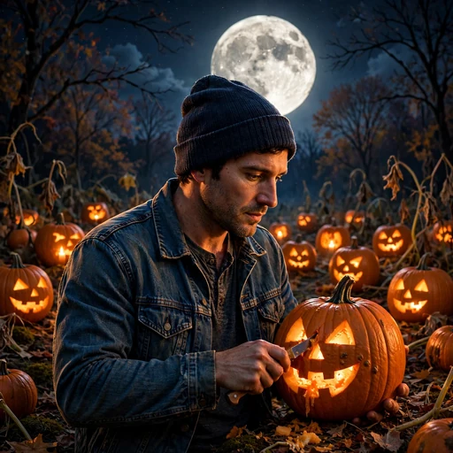 Man carving jack-o-lantern in moonlit pumpkin patch, Halloween boys profile picture