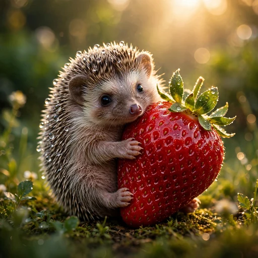 Baby hedgehog hugging a big red strawberry with morning dew on its quills
