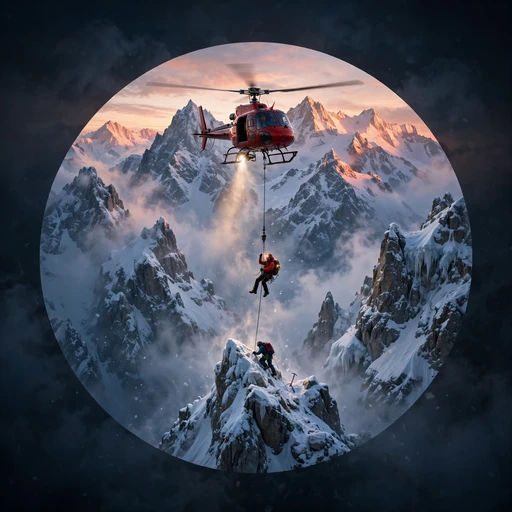 Rescue helicopter winching over snowy peaks at dawn, motivational WhatsApp DP