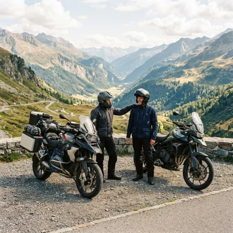 Two helmeted friends stand beside touring motorcycles at a mountain viewpoint