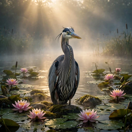 Great Heron in Misty Lake at Dawn Nature WhatsApp DP profile picture