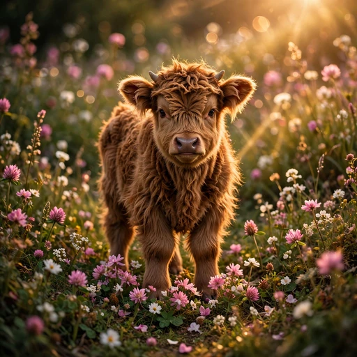 baby highland cow calf with a shaggy auburn coat and tiny horns standing in a wildflower meadow at golden hour. cute dp