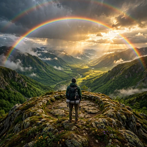 Lone hiker on a mountain ridge facing a double rainbow over a sunlit valley, motivational DP