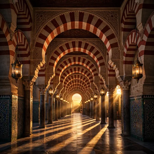 Long corridor of red-and-white striped horseshoe arches glowing in sunset light