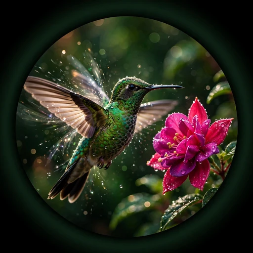 Hummingbird hovering at a fuchsia flower, macro, nature DP