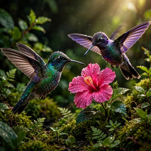 Two hummingbirds hovering by a pink blossom in a garden, friendship DP