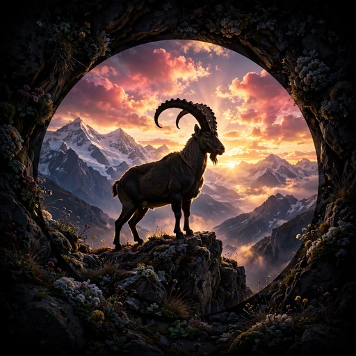 Alpine ibex silhouetted on a cliff edge at sunrise with snowy peaks, nature DP