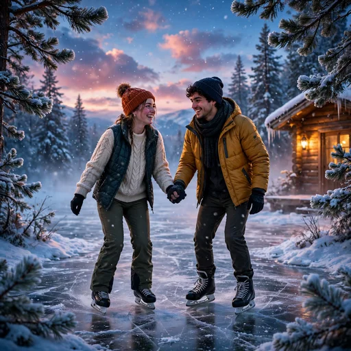 Two friends ice-skating hand in hand on a frozen pond at twilight, friendship WhatsApp DP