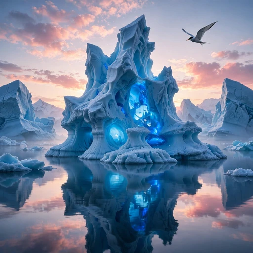 sculpted icebergs drifting on calm arctic sea at dawn nature dp
