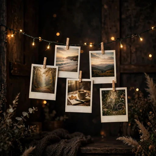 Instant polaroid photos hanging on a string of warm fairy lights in a dark cozy room