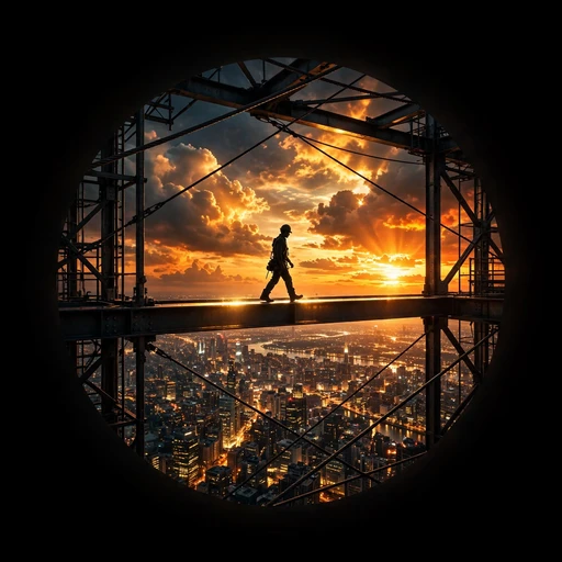 Ironworker silhouette on a skyscraper beam at sunset, motivational WhatsApp DP