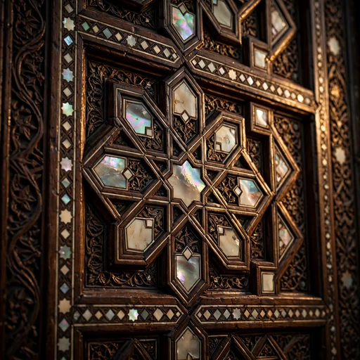 Carved wooden minbar doorway with ivory and mother-of-pearl inlay in warm light