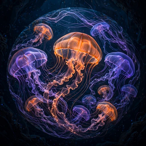 Glowing jellyfish bloom with orange and violet bells in deep blue water, nature DP