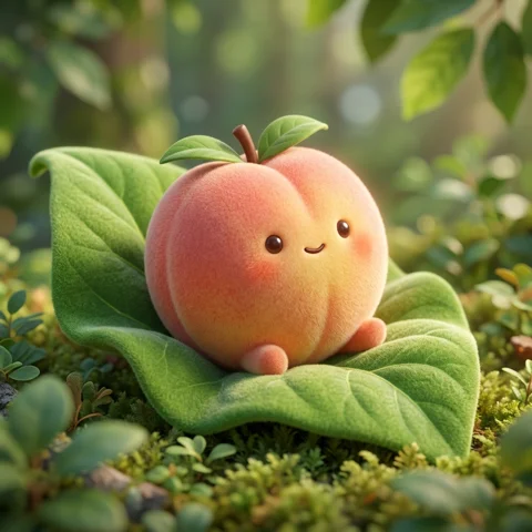 A soft 3D peach character with a gentle smile rests on a green leaf cushion