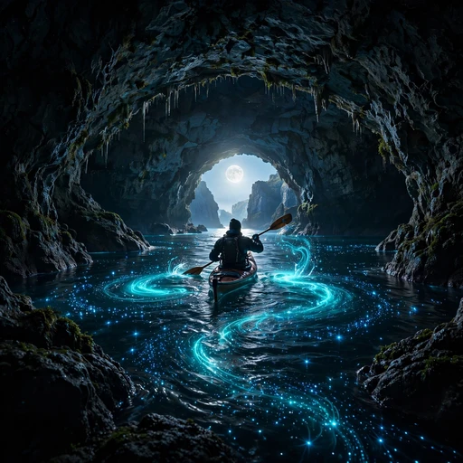Kayaker in a glowing bioluminescent sea cave at night, motivational WhatsApp DP