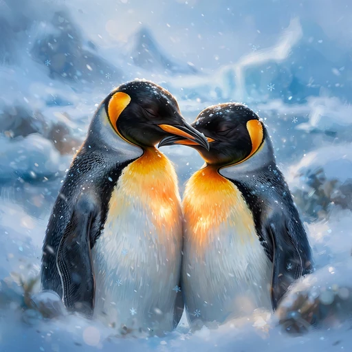 Two king penguins nuzzling beak to beak in soft falling snow.