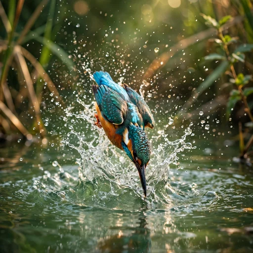Kingfisher diving into a jade-green river with sparkling water droplets, nature display photo