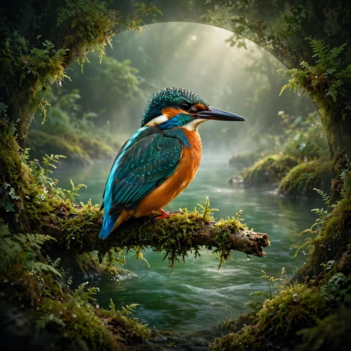 Vivid kingfisher perched on a mossy branch over a misty emerald river, nature DP