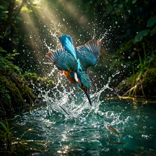 Kingfisher diving into a sparkling river mid-flight