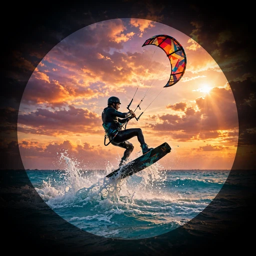 Kite surfer jumping high over a turquoise sea, motivational DP