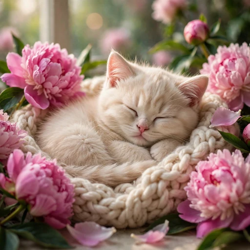 Sleepy cream kitten snuggled in a knitted blanket among pink peonies