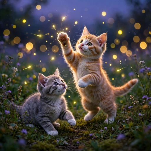 Two kittens chasing glowing fireflies at dusk, playful friendship WhatsApp DP