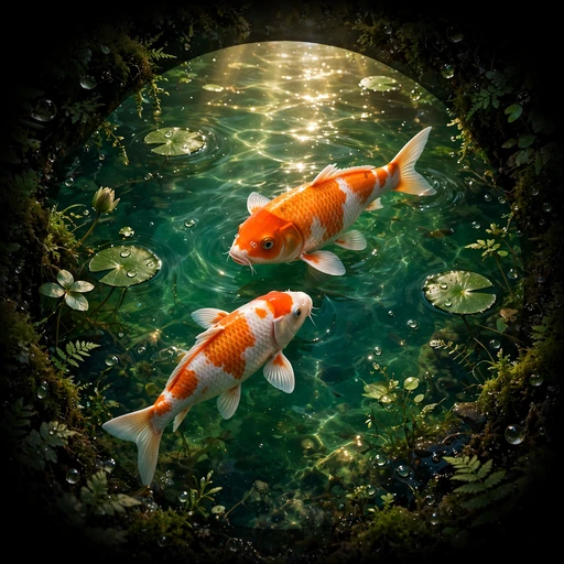 Koi fish in an emerald pond with lily pads, nature DP