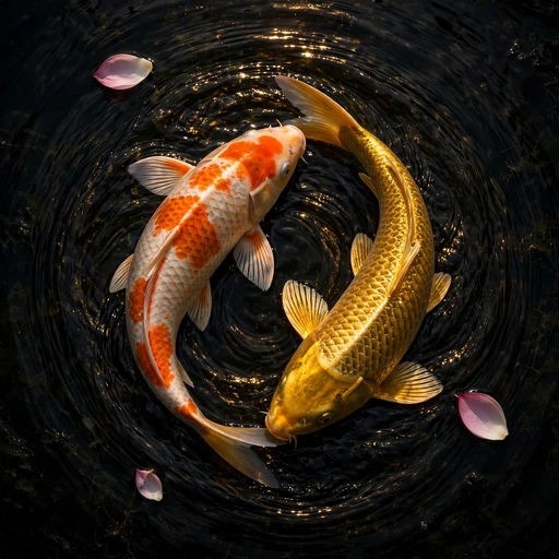 Two koi fish circling in a dark pond from above, square animal WhatsApp DP