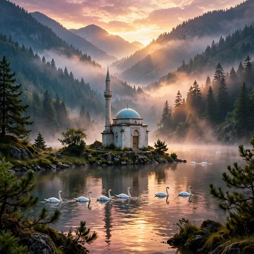 Small mosque with minaret by a misty mountain lake at dawn with swans on golden water