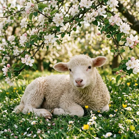 A woolly lamb rests beneath low flowering apple branches