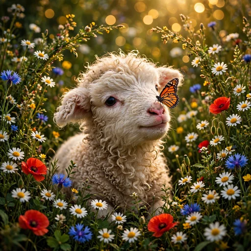 Fluffy baby lamb with a butterfly on its nose in a wildflower meadow, cute WhatsApp DP