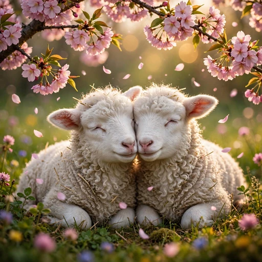 Two fluffy lambs cuddled together under pink cherry blossoms, spring friendship WhatsApp DP
