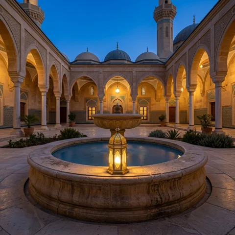 A glowing lantern rests beside a stone courtyard fountain at blue hour