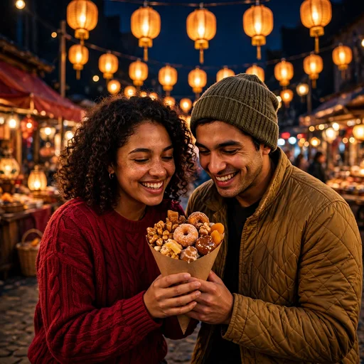 Two friends sharing sweets at a lantern-lit night market, friendship WhatsApp DP