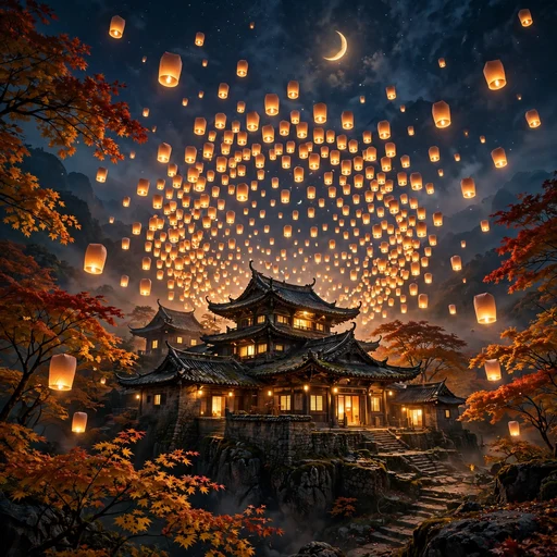 Hundreds of glowing sky lanterns rising over a mountain temple at night, motivational DP