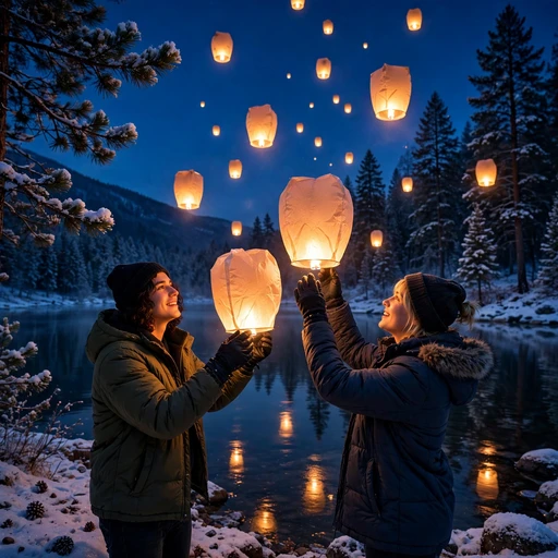 Glowing Lanterns Over the Snowy Lake
